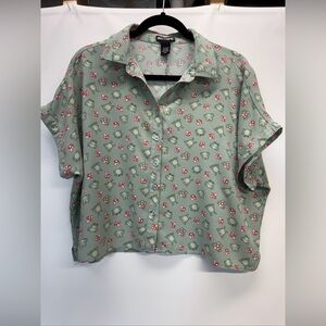 Hot Topic Women's Sz M Mushroom Frog Boxy Buttoned Crop Top Shirt Boho Hippie